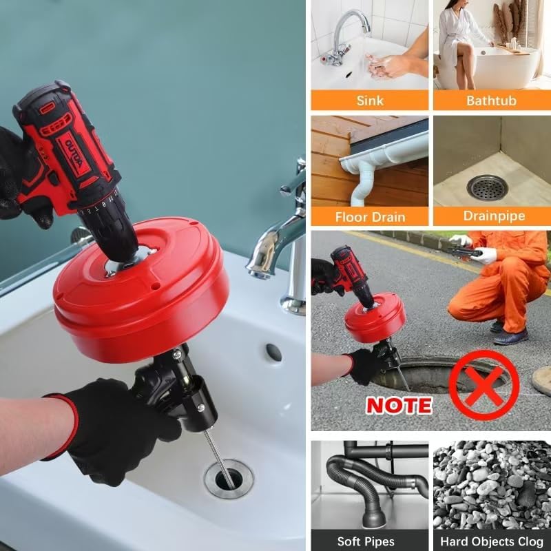 35 ft double mode drain snake tools, 14-in-1 drain auger for sink and drain unblocking, plumbing snake for kitchen, bathrom and shower sink, snake for real dyis?upgraded? 35ft-red&black