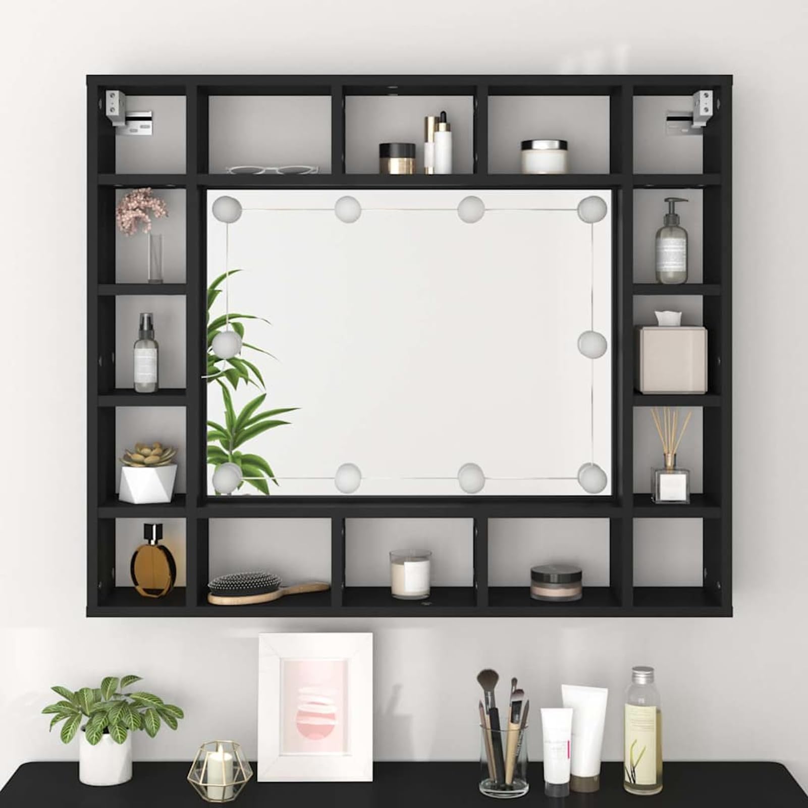 Armoire miroir LED avec éclairage à intensité variable, en bois/acrylique, noir, 91 x 15 x 76,5 cm, pour organisation cosmétique