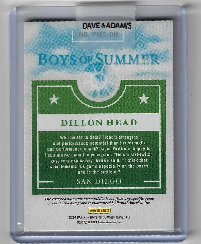 Dillon Head Autographed & Serial Numbered #82/99 RPA Game Used Jersey Relic Memorablilia Collectible Baseball Card- 2024 Panini Boys of Summer Baseball Card #PMS-DH (Padres)