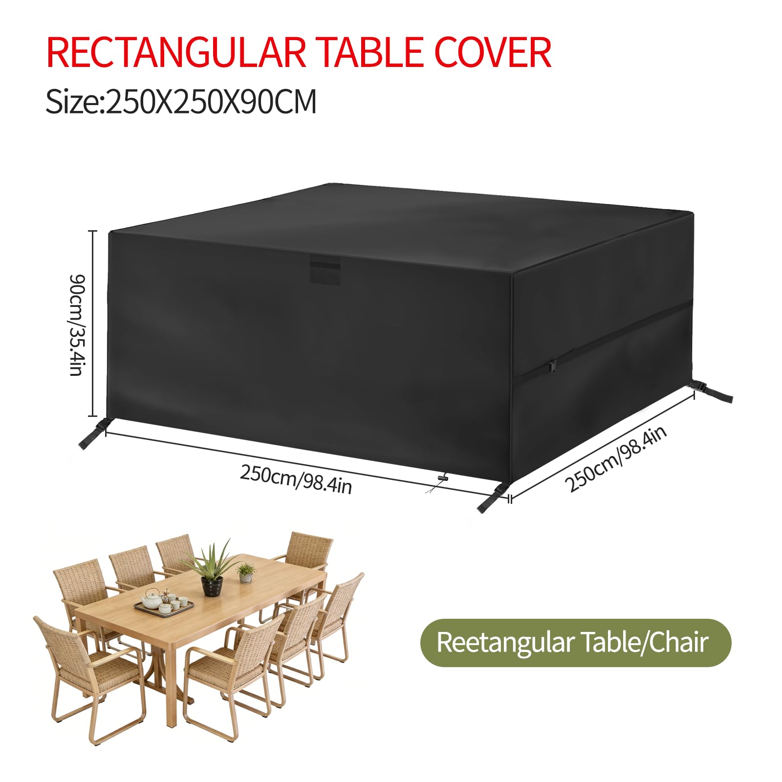Copertura per Mobili da Giardino, 250 x 250 x 90 cm, Impermeabile Tessuto Oxford 420D Antivento Anti-UV Copertura Tavolo Esterno con Prese d'Aria, per Mobili da Giardino, Divano, Nero