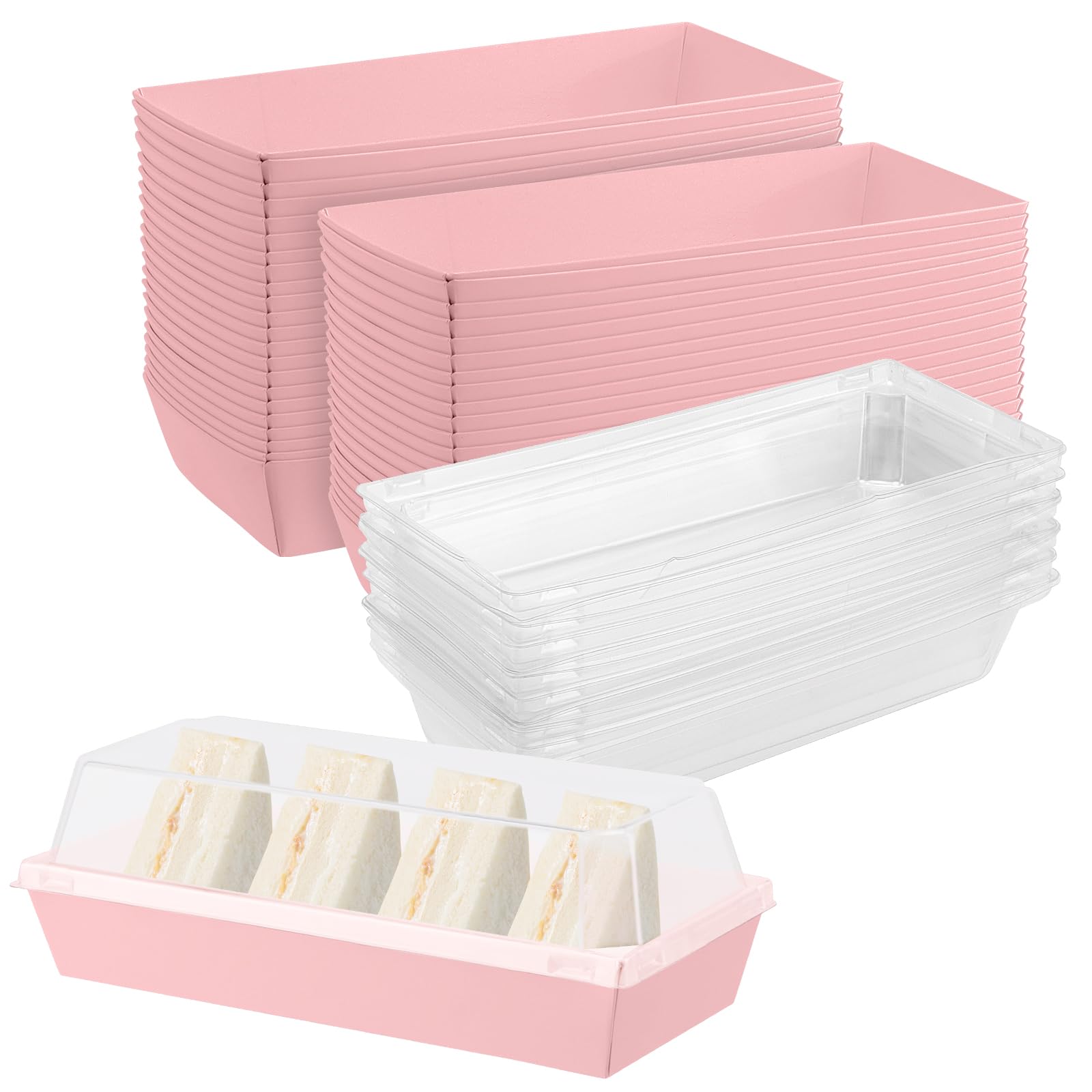MOUYAT 100 Pack Charcuterie Boxes with Clear Lids, 19 x 8.5 x 6.5cm Pink Long Food Cardboard Cookie Boxes for Sandwich, Charcuterie, Bakery, Cake Packaging, Cupcakes