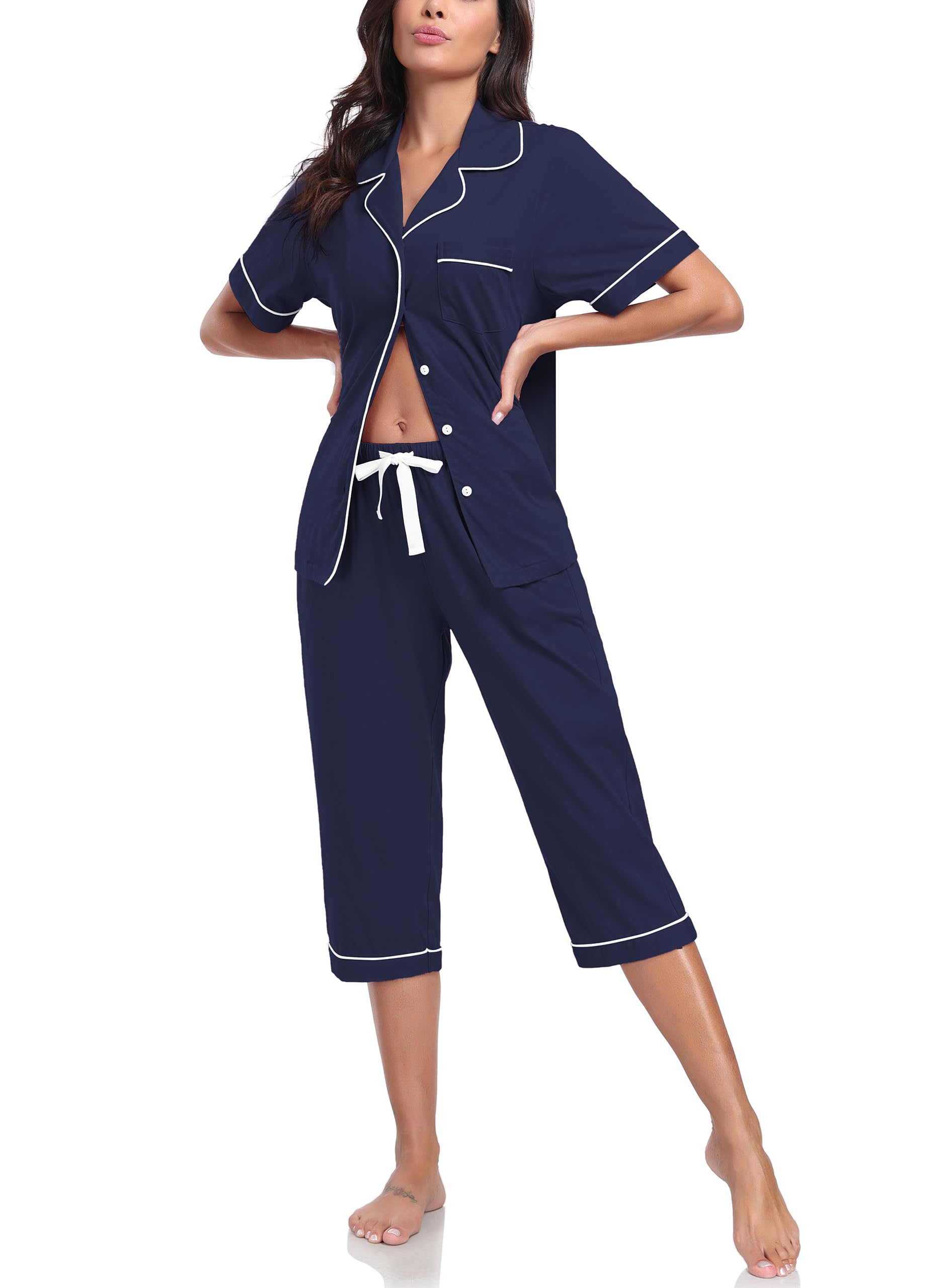 EA'S SECRET 100% Baumwolle Schlafanzug Damen Kurzarm-Oberteil 3/4 Hose Pyjama-Set V-Ausschnitt Knopfleiste Sommer S-XXL