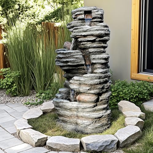 Image of Jocoevol 40 inch Outdoor Water Fountain with LED Lights - 5-Tier Cascading Rock Waterfall Fountain, Natural Rock Look, Ideal for Garden, Landscaping, Patio, Balconies and Yard Decor