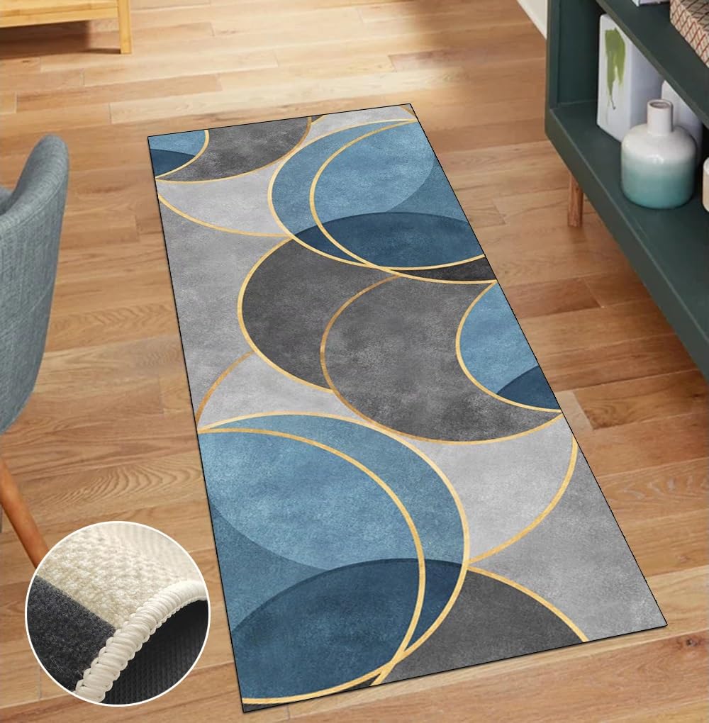 Alfombra pasillo de 40x350 cm en poliéster gris y azul lavable moderna
