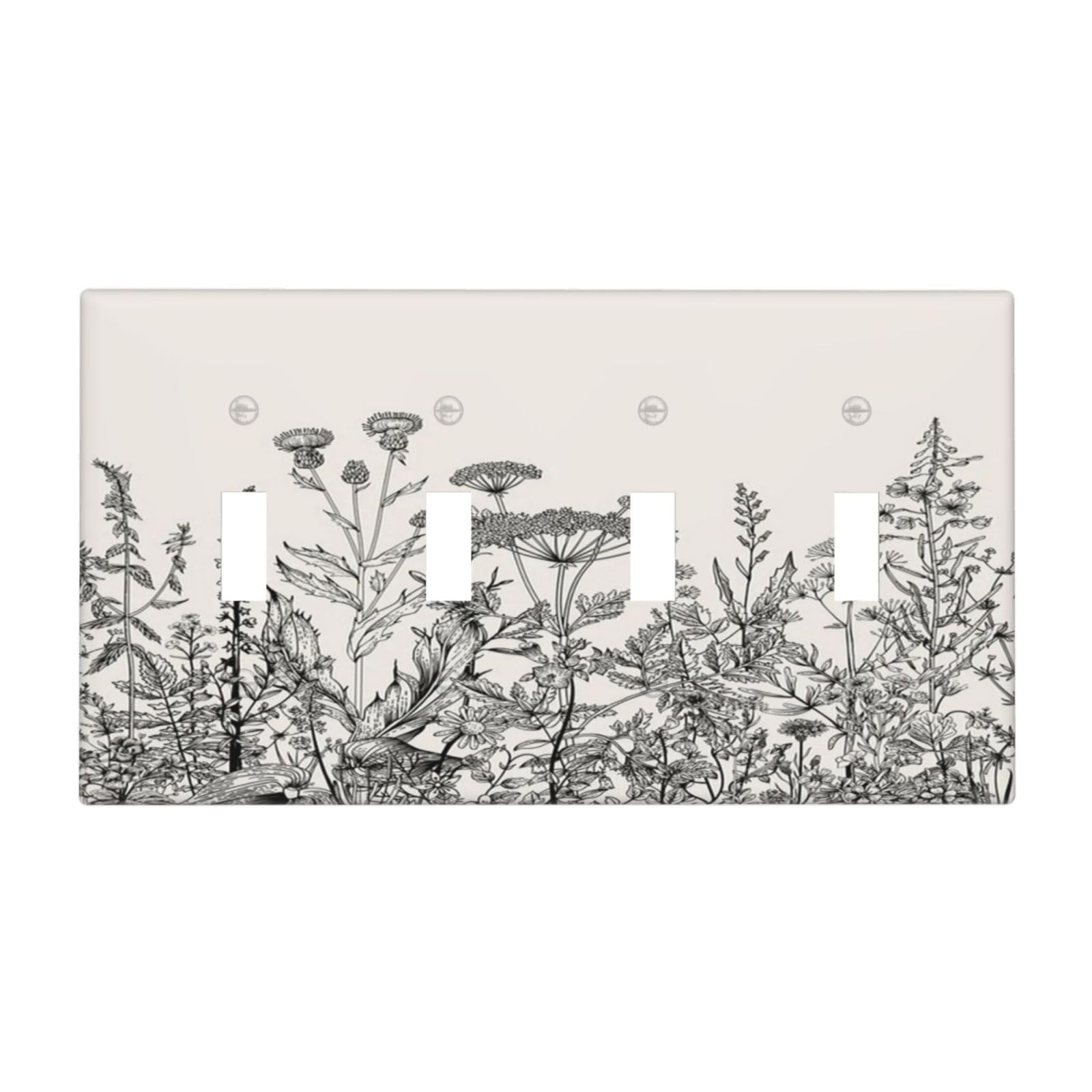 LOLREAI Decorative Light Switch Cover Plate Vintage Sketch Wildflower Monochrome Botanical 4 Gang Wall Plates Quad Toggle Electrical Switch Plate Covers Outlet Covers Faceplate for Home Decor