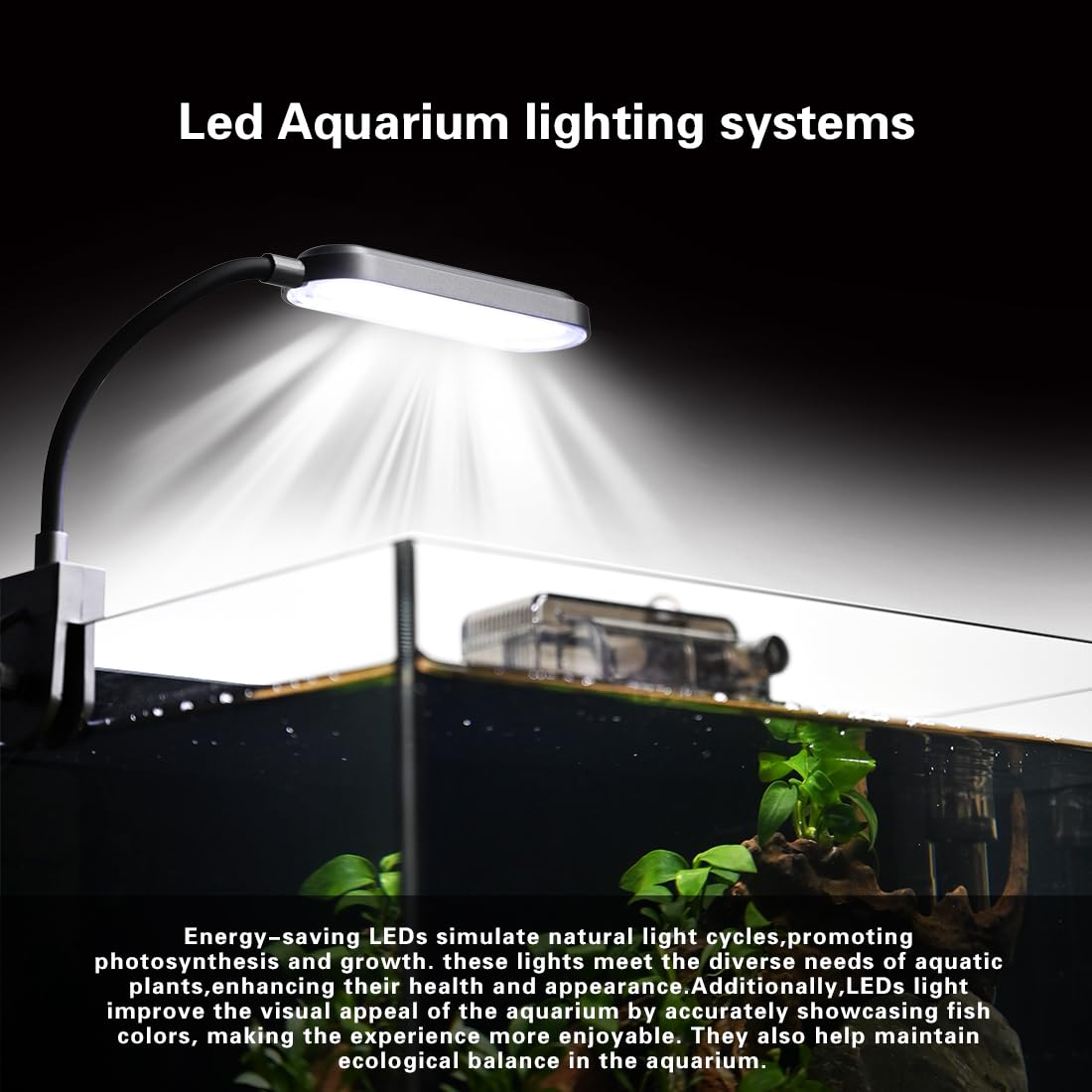 Kit per acquario da 7,5 litri, ultra trasparente, piccolo acquario, nano acquario, acquario Betta, piccolo acquario per pesci, kit per principianti per acquario, con luce, filtro (nero, 30 x 17,8 x