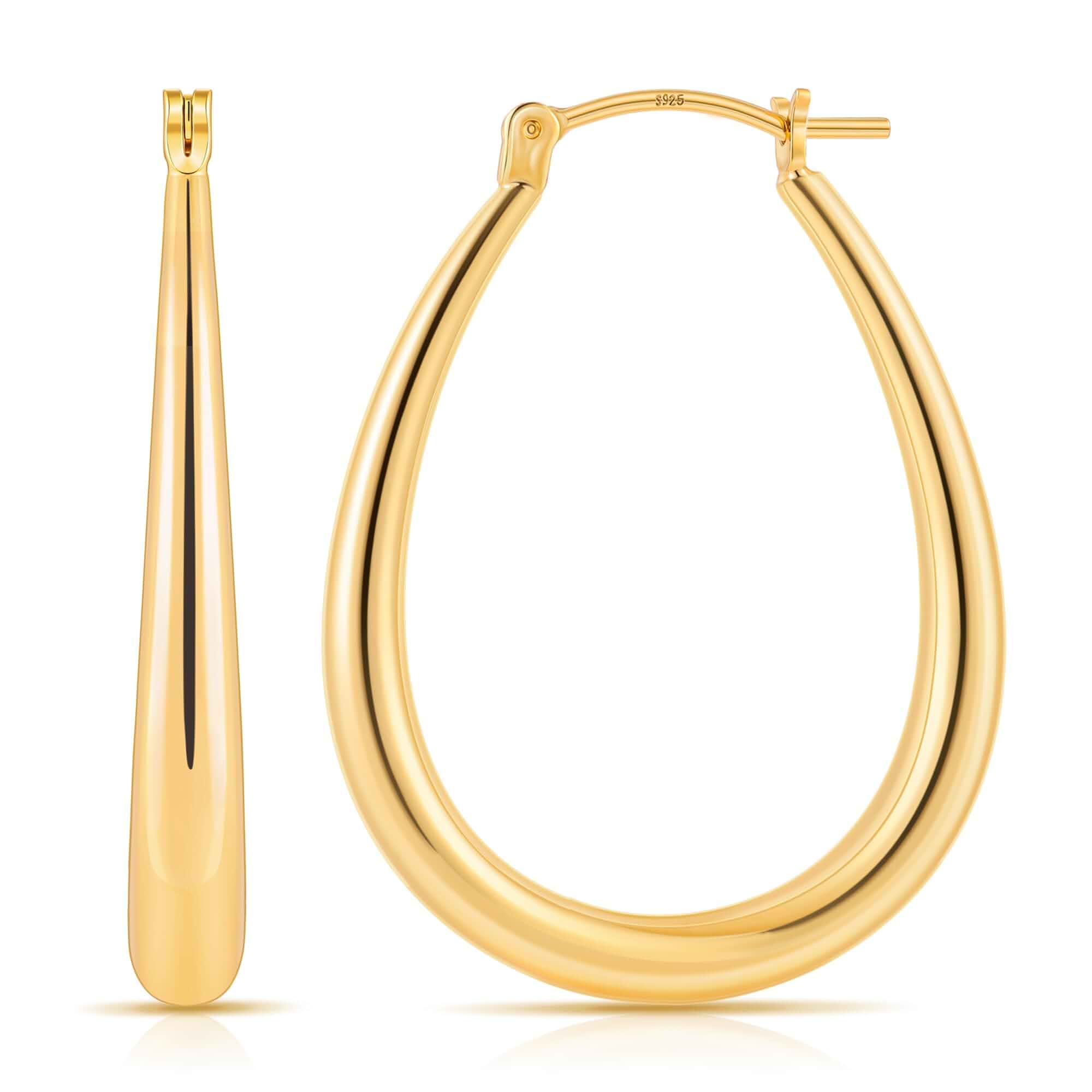 Gacimy Chunky Hoop Earrings for Women, 14K Gold Plated Oval Hoops 925 Sterling Silver Post Lightweight Teardrop Hoop Earrings, Hypoallergenic Chunky Fashion Jewelry Gift for Women