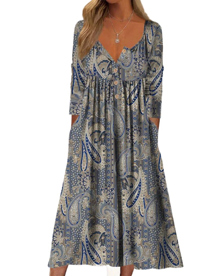 Akivide Women's Boho Colorful Floral Printed Long Sleeve Maxi Dress Button Casual Loose Fall Vacation Dresses with Pockets