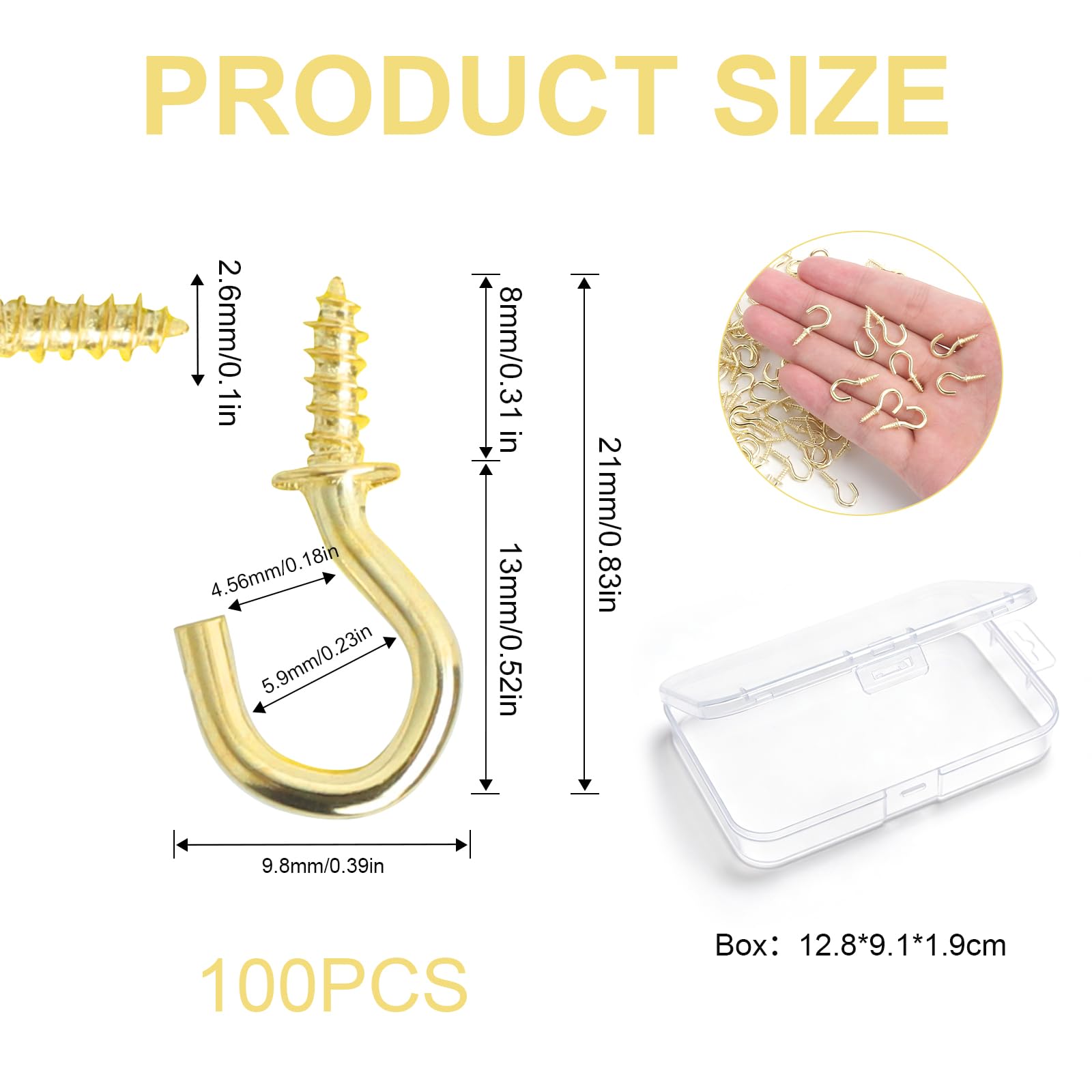 100 Pezzi Piccoli Ganci da Avvitare con Scatola Gold Tree Hooks da 1/2 Pollice Set Ganci Dorati da Avvitare Small Screw Hooks per Appendere Piante da Giardino Arte Cucina Uffici