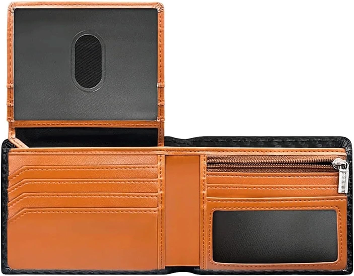 Bi-Fold Wallet Slim Carbon Fiber Contrast Color RFID Blocking Leather Zipper Coin Pouch Men's Wallet