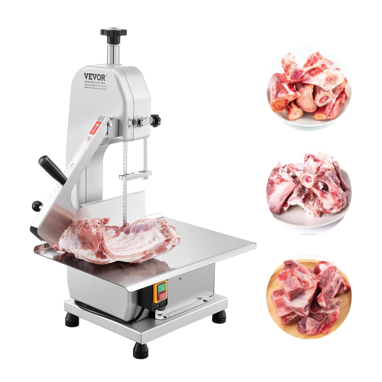 VEVOR Sierra de Cinta Eléctrica Comercial para Carne y Huesos de Acero Inoxidable de 650 W para Encimera, Grosor Máximo de Corte de 110 mm, para Costillas de Cerdo y Res, 415 x 483 x 750 mm, Plata