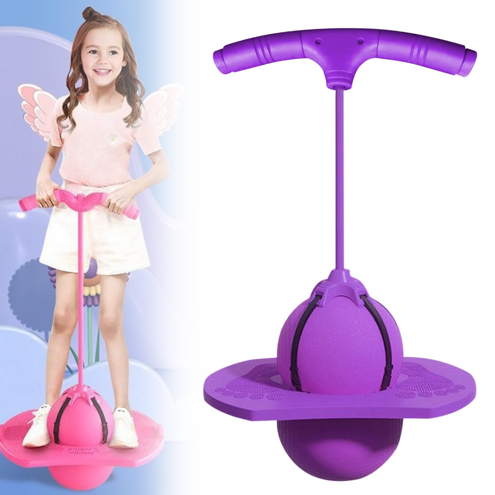 Balance Jumping Ball, Poogoos Jumper with Handle with Handle, Adult Fitness Jumping Ball with Grip Deck and Air Pump, Fun Indoor Outdoor Workout Equipment for Balance Training, Gift for Adults Kids