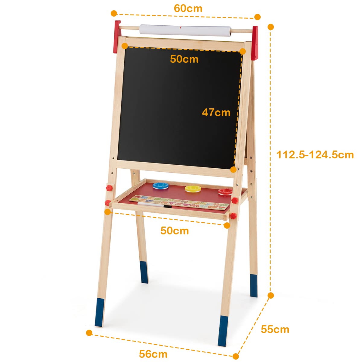 LIFEZEAL Caballete infantil 2 en 1, Pizarra Infantil caballete para niños, Caballete de pie con doble cara con rollo de papel, caballete de madera de altura ajustable con bandeje de almacenamiento