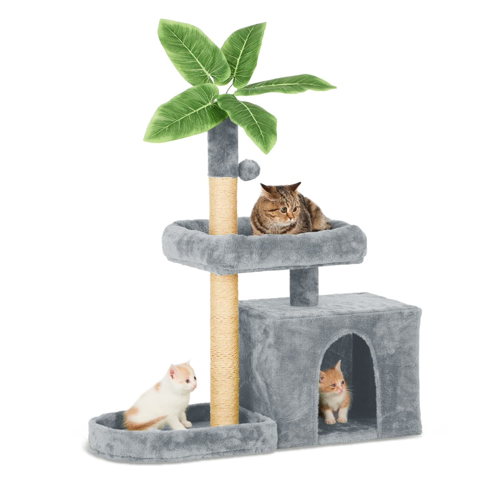31.5" Cat Tree Tower for Indoor with Green Leaves, Cat Condo Cozy Plush House with Hang Ball and Leaf Shape Design, Cat Furniture Pet House with Scratching Posts, Grey