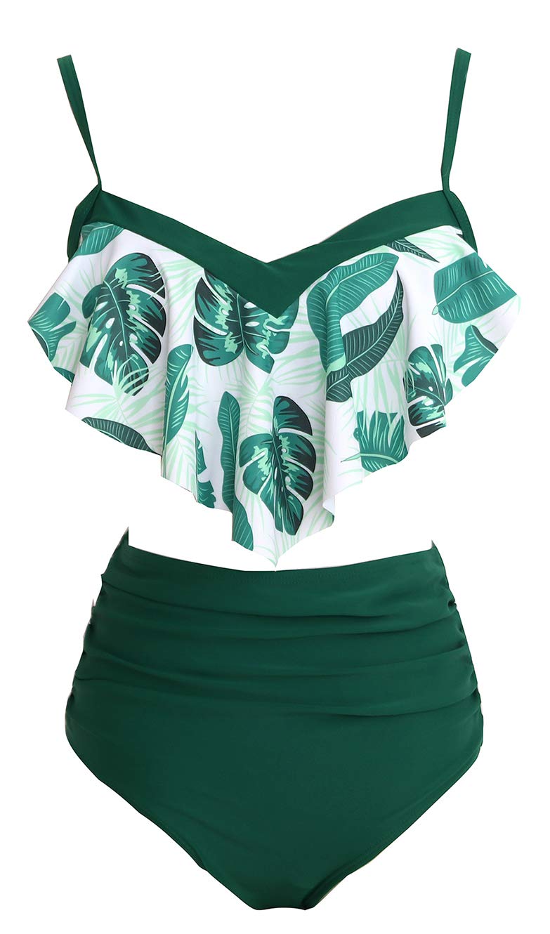 JFAN Costume da Bagno Donna Due Pezzi Bikini A Vita Alta Bottom Increspato Stampa Floreale Halter Ruffle Coordinati Blu L