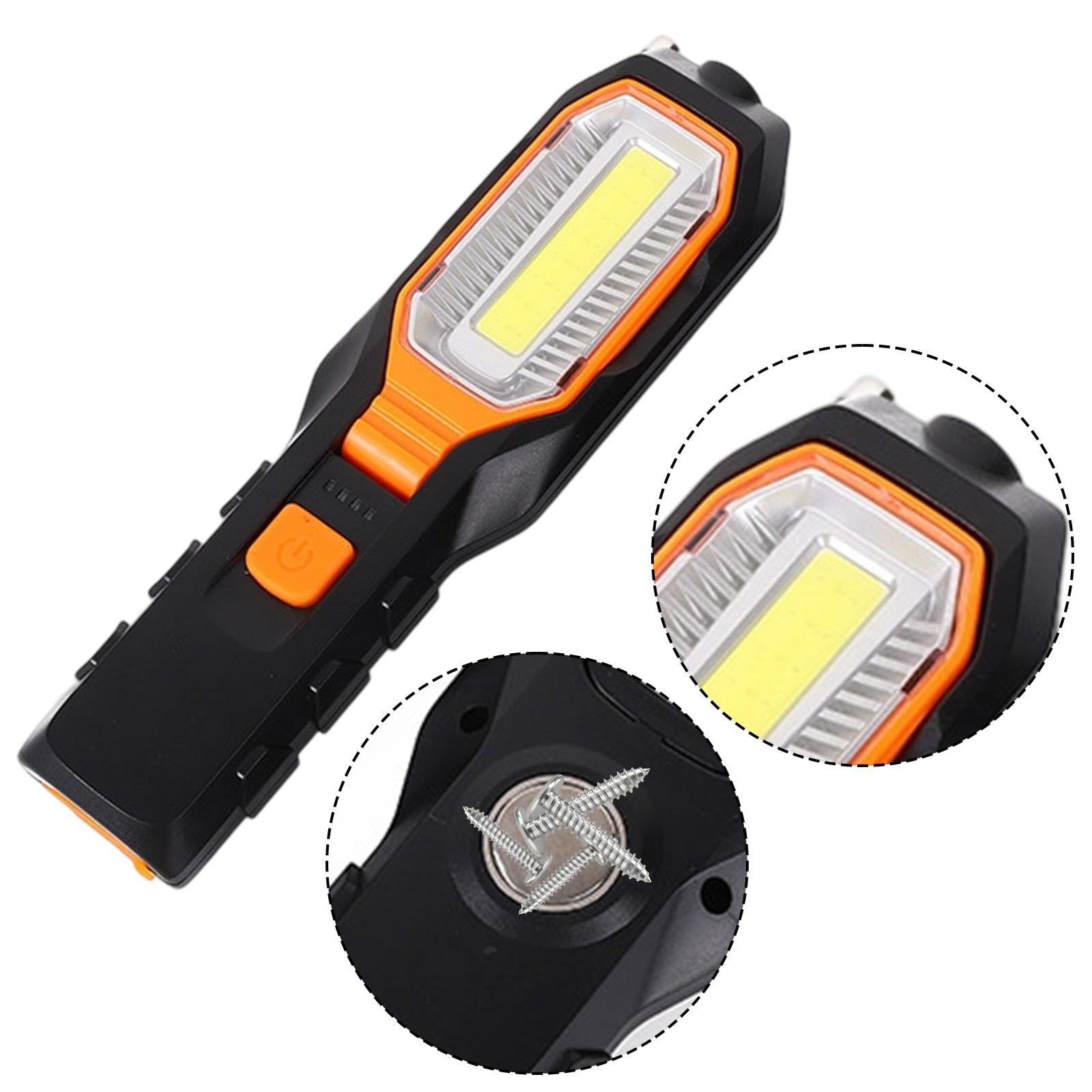 Lámpara de Trabajo LED COB Recargable Portátil Universal para Inspección Linterna Mano USB Indicador de Batería Gancho Rotatorio Material Antidesliza, Naranja