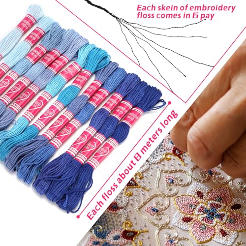 Image of 12Pcs Blue Embroidery Thread, Cross Stitch Threads, Embroidery Floss Friendship Bracelets Gradient Bright Color Polyester Line Sewing Skeins for Sewing