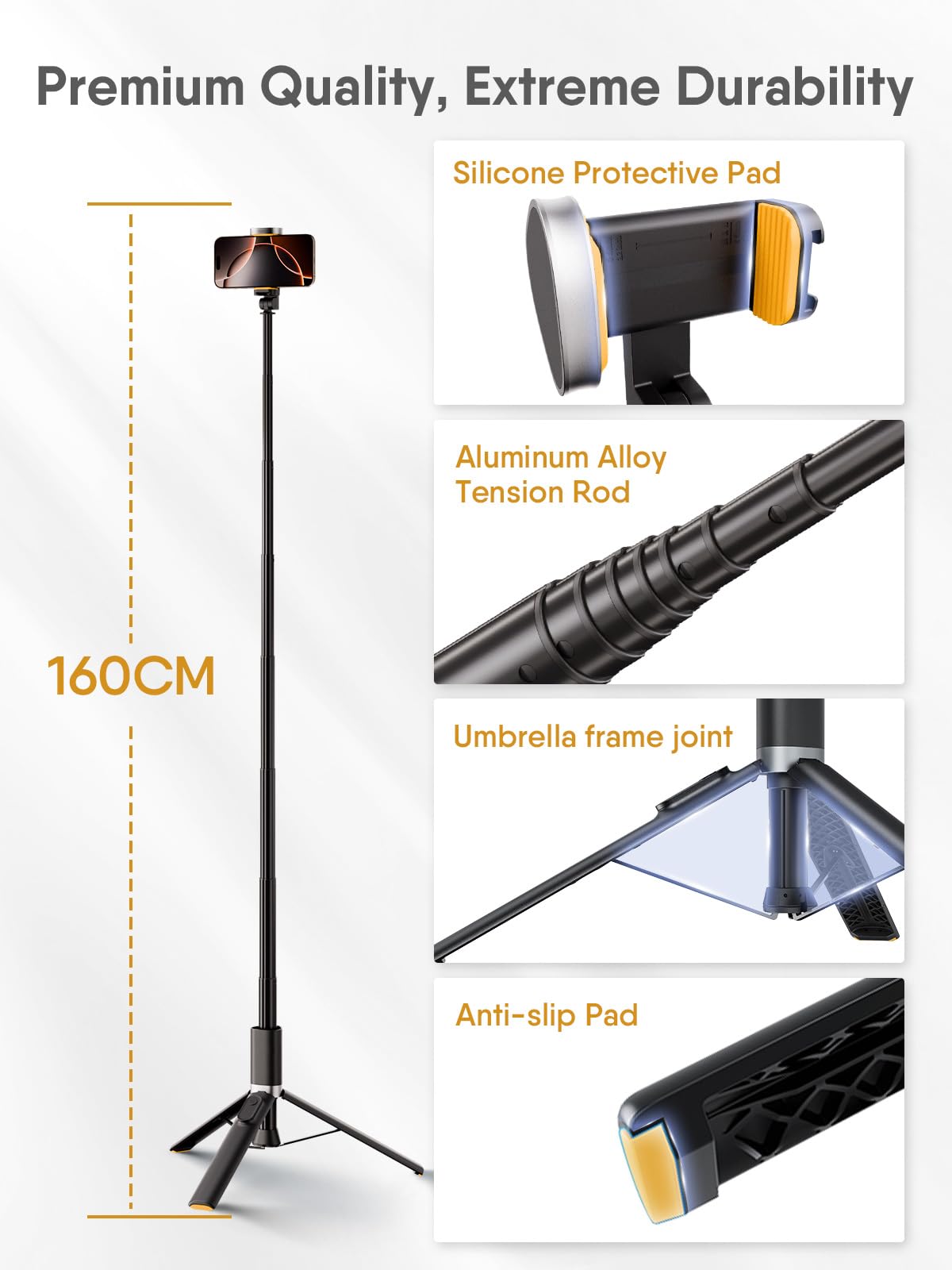 Moman IST01 Statyw do selfie, 153 cm, aluminiowy przenośny statyw do telefonu komórkowego, uchwyt na telefon komórkowy, drążek do selfie do smartfonów, wszystko w 1