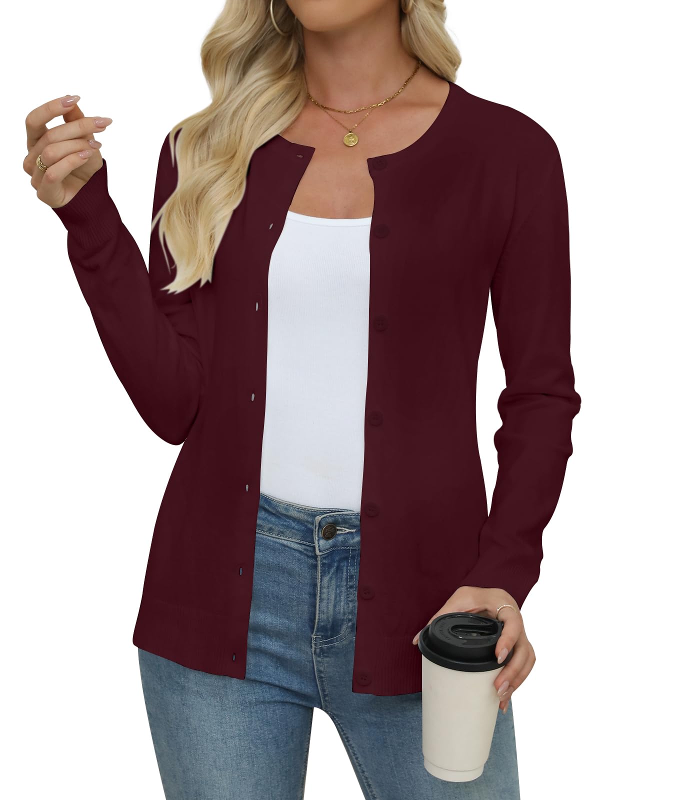 Yincro Womens Lightweight Crewneck Cardigan Long Sleeve Soft Knit Cardigans Sweater
