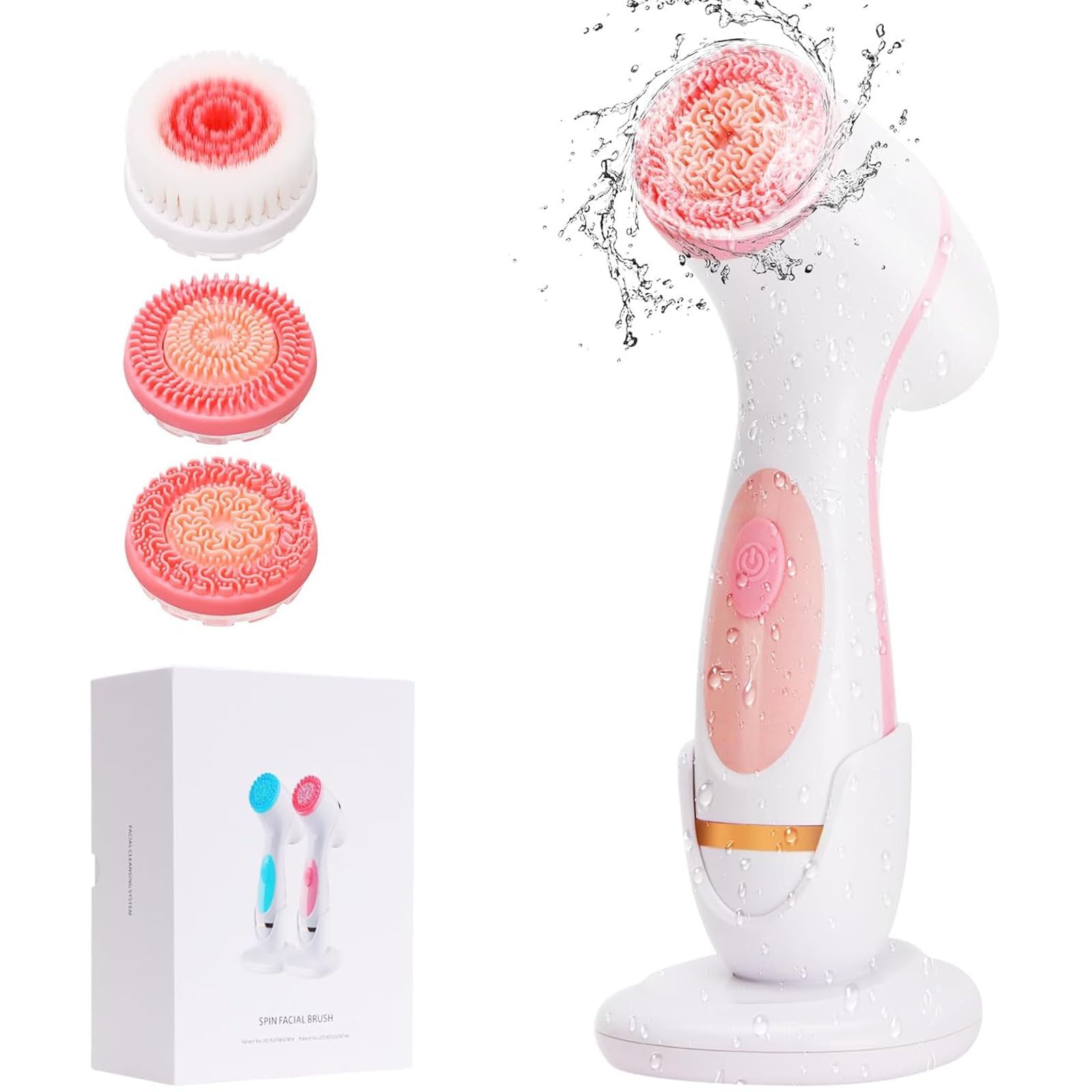 Maxspace Gesichtsreinigungsbürste, IPX7 Wasserdichte Gesichtsbürste Elektrisch mit 3 Bürstenköpfen und 2-stufige Rotation, Reinigungsbürste Gesicht für Gesichtsreinigung Exfoliation (Rosa)