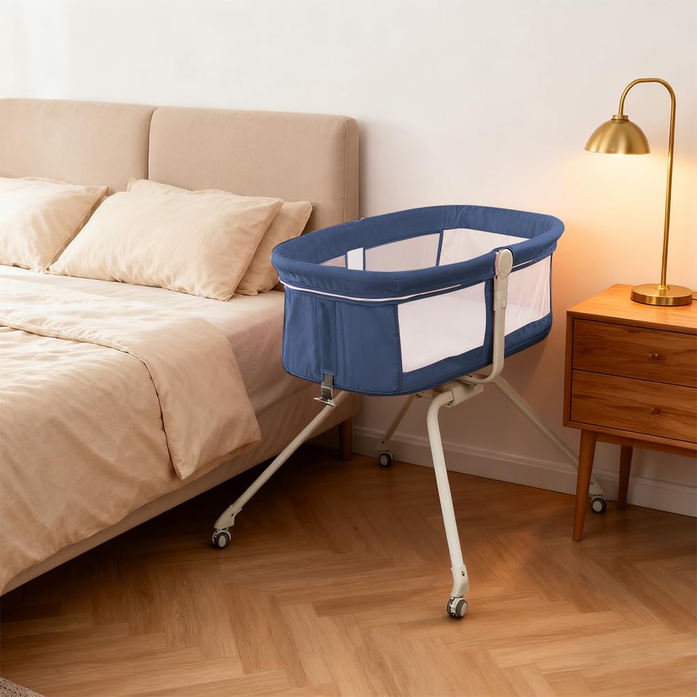 homewell 2 in 1 Babybett & Babywiege, Kinderreisebett, Stubenwagen Baby mit Moskitonetz, Reisebett für Babys, von 0 bis 9 kg, schnelle Montage (Marineblau)