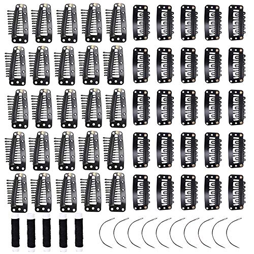 fani 80 Pcs U-shape Snap Wig Clips Combs Black Stainless Steel 6-Teeth and 10-Teeth Wig Combs with Soft Rubber for Hair Extensions, Hairpieces (Come with 5 Black Weaving Thread and 10pcs Needles)