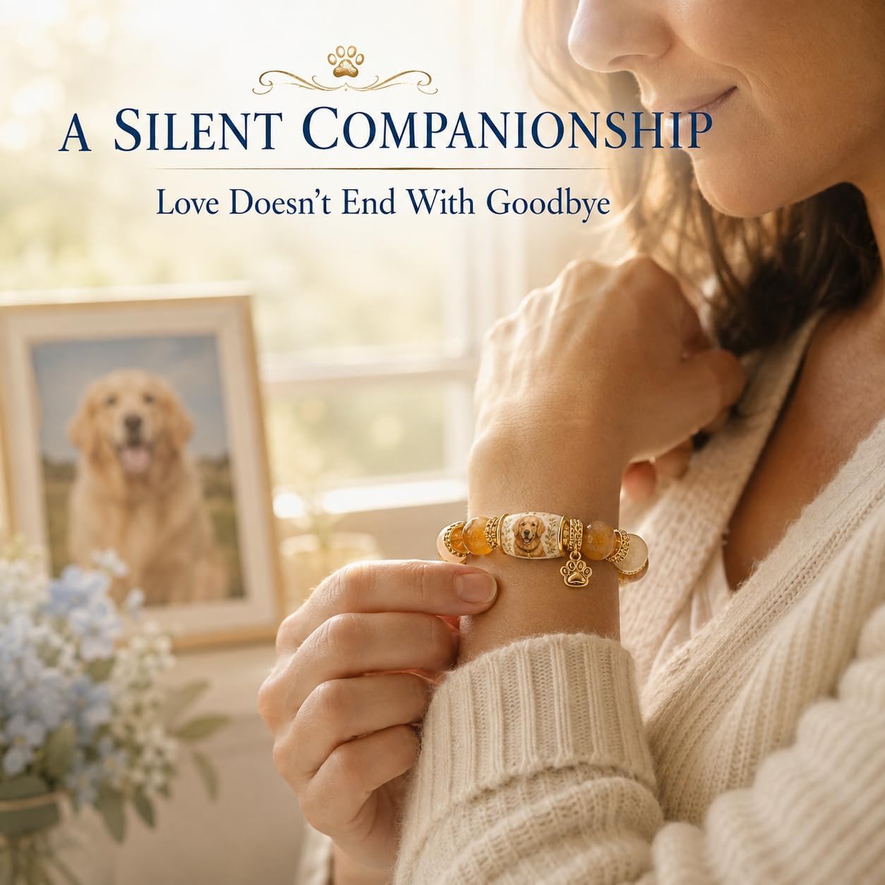LIU JUN Dog Memorial Bracelet For Women, 10mm Adjustable Limited Edition Natural Stone Crystal Beaded Pet Loss Remembrance Jewelry with Paw Print Charm Sympathy Gift for Dog Lovers image 4