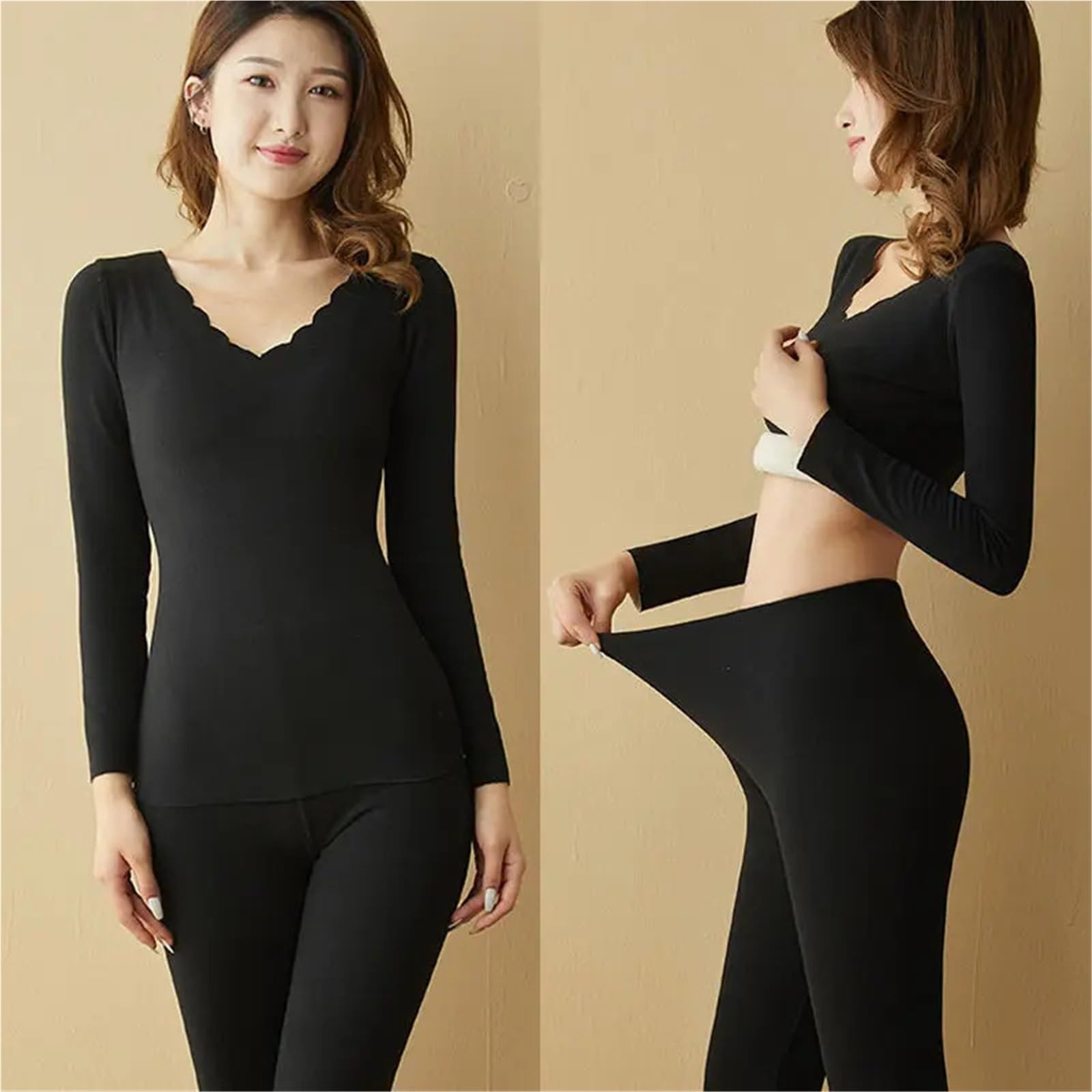 Conjunto TéRmico para Mujer Conjunto de Ropa Interior térmica Invierno for Mujer, Tops Manga Larga sin Costuras, Traje Largo lencería for