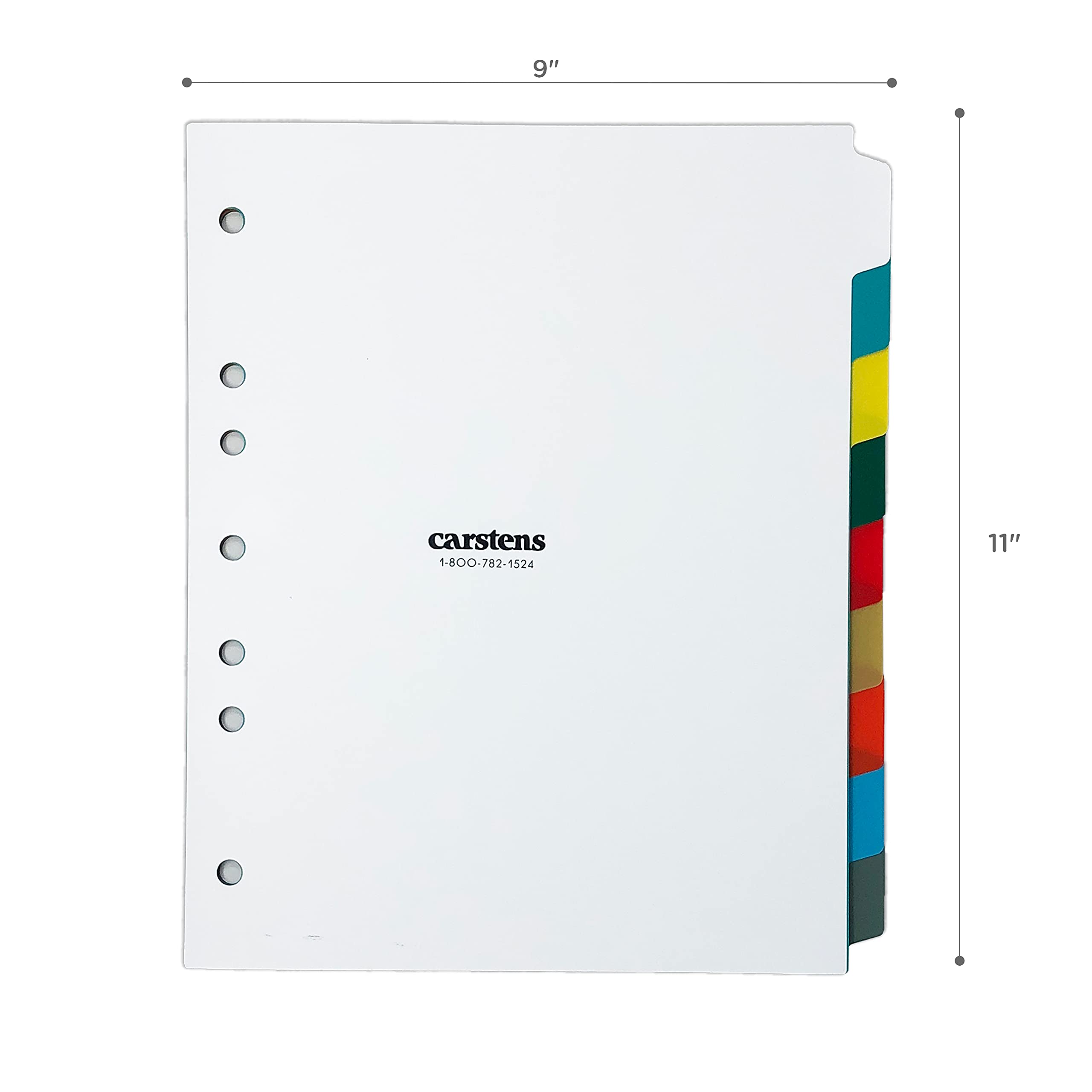 Carstens Separadores de plástico resistente, 9 pestañas, multicolor, en blanco, para carpetas de 3 anillos de apertura lateral