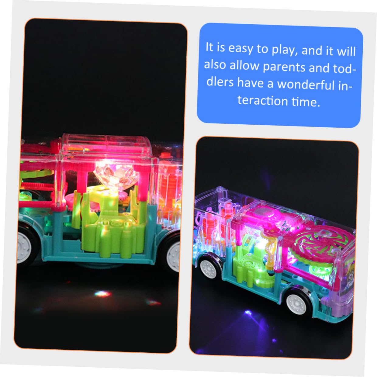 Hohopeti Autobús Eléctrico de Juguete Transparente Engranajes, Luces y Música, Modelo Educativo, Vehículo de Juguete Multifunción para Diversión y Aprendizaje