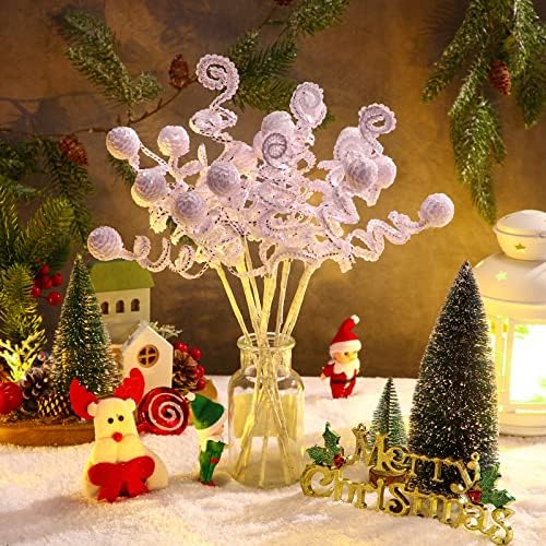 10 Pieces 14 Inches Christmas Curly Tree Picks and Sprays Christmas Tree Decorations Christmas Glitter Berries Spiral Stem for Christmas Tree Ornaments DIY Wreath Crafts Winter Home Decor (White)