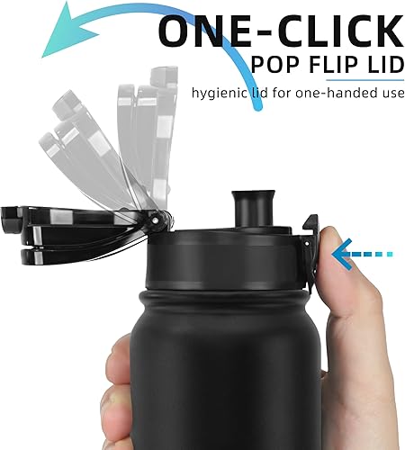 Miniatura 3 de Fanhaw Botella de agua aislada de acero inoxidable de 20 onzas con 2 tapas, a prueba de fugas y sudor, con tapa antipolvo (negro)