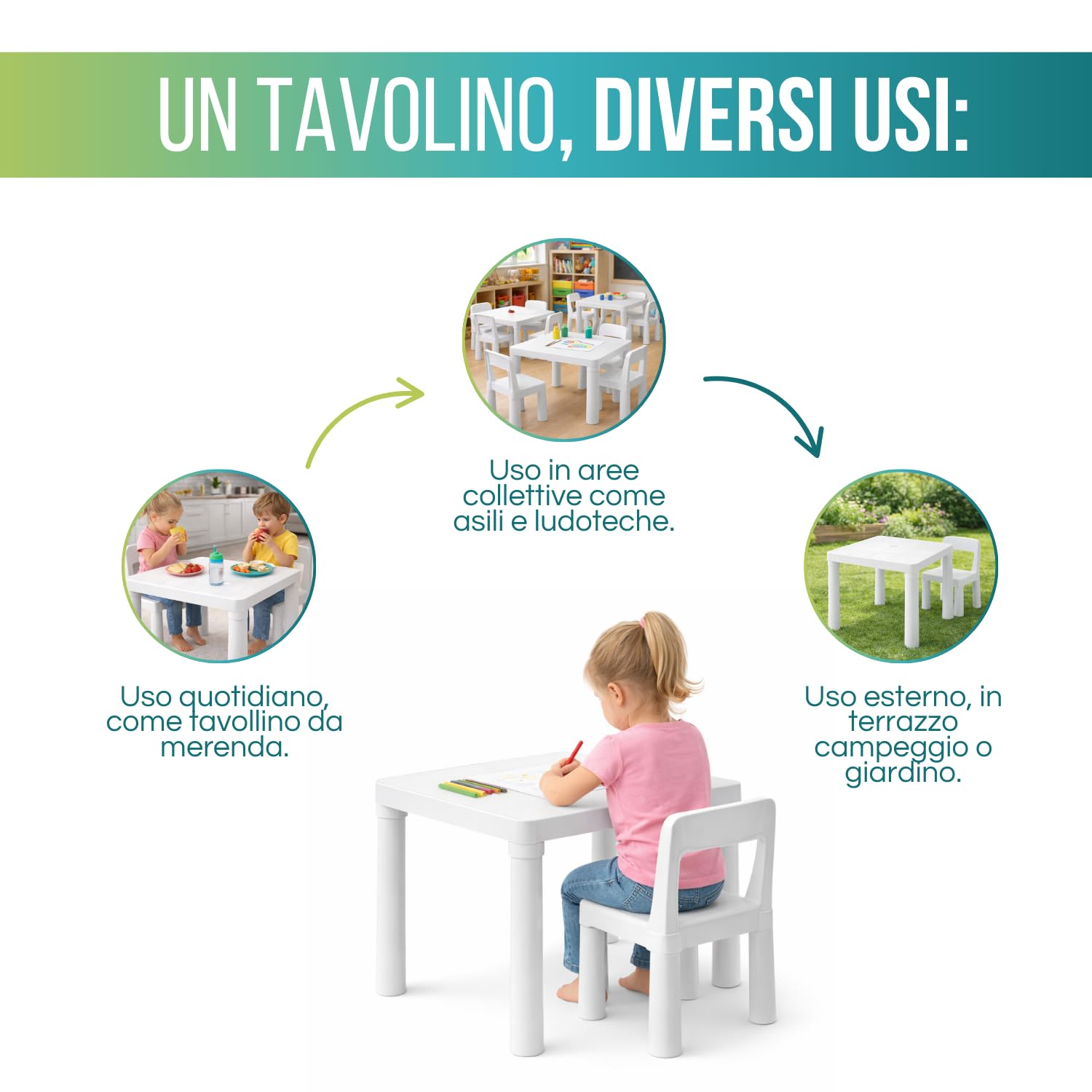 PALUPLUS Tavolino Quadrato Bianco in Plastica Rigida, Misura 50x50x47,5 cm, Tavolo da Gioco Basso, Gambe Removibili, Tavolino da Campeggio, Terrazzo, per Esterno ed Interno -9948C
