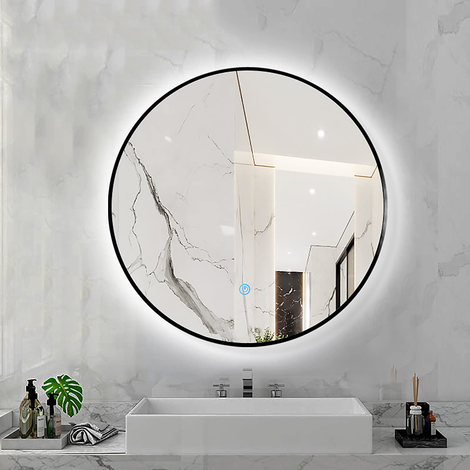 SXFSDOU Illuminated Round Bathroom Mirror with Touch Sensor, 3-Color Dimming, Wall-Mounted LED Makeup Mirror, Black Aluminum Frame, 50x50CM, Perfect for Grooming and Beauty.