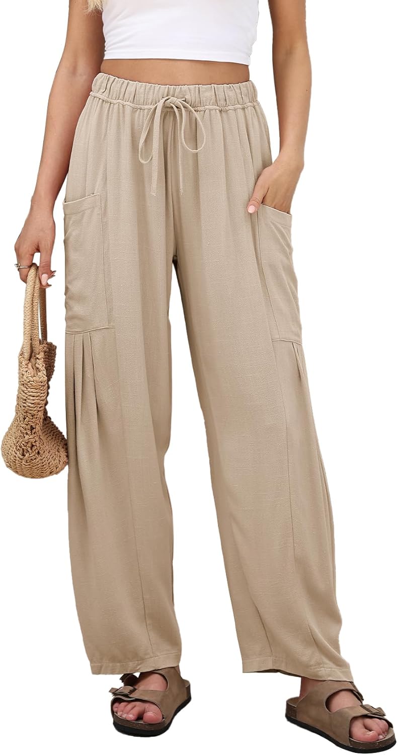 Duyang Women Linen Wide Leg Pants Casual Summer Palazzo Pants Beach Vacation Outfits Flowy Loose Trousers with Pockets