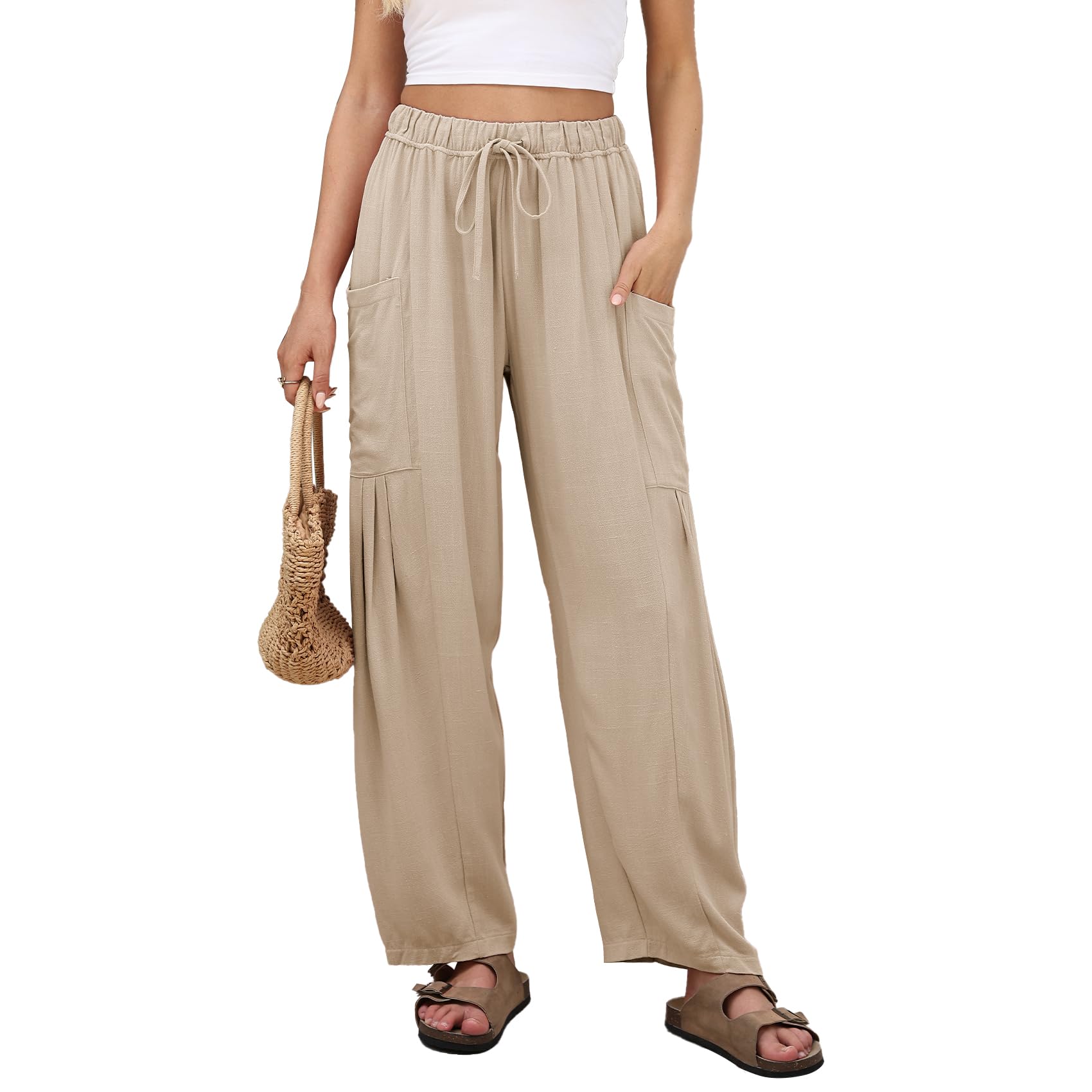 Duyang Women Linen Wide Leg Pants Casual Summer Palazzo Pants Beach Vacation Outfits Flowy Loose Trousers with Pockets