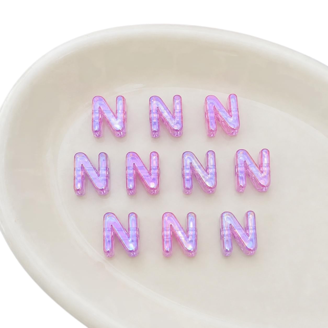 Letter Beads 10pcs, Large Acrylic Alphabet Beads with 6mm Hole, Iridescent Holographic UV Plated for Bracelet Making, Jewellery, Keyrings & Craft (Iridescent Purple, Letter N)