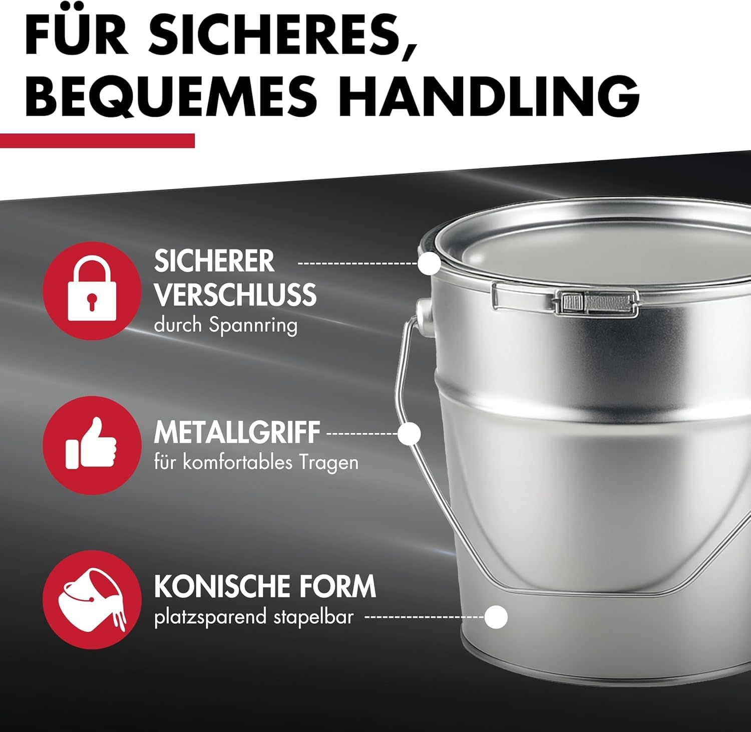 UN-zugelassener Metalleimer 10 L I Weißblech, Gefahrgutgeeignet & Stabil I Mit Deckel, Spannring & Griff I Konische Form I Ideal für Farben, Öle, Harze, Chemikalien, Müll, Lagerung UVM.