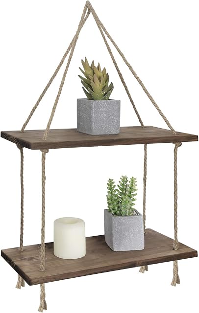 Flexzion Wall Hanging Shelf for Plants, 2 Tier Floating Rope Shelves with Hooks, Boho Wall Decorations for Bedroom Bathroom Living Room Farmhouse Rustic Decor Display Shelf for Plant