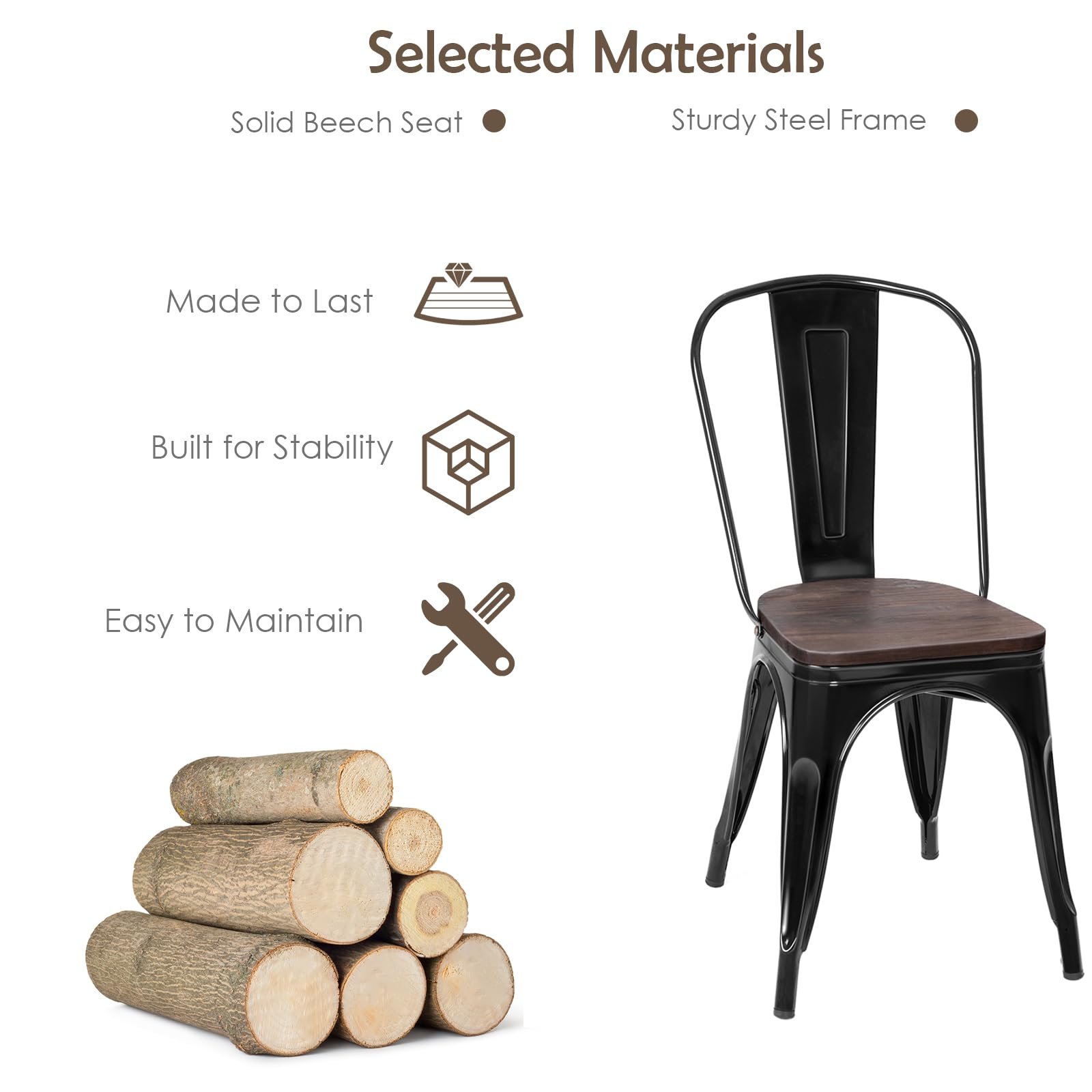 LIFEZEAL Juego de 4 sillas de Comedor industriales (Negro)