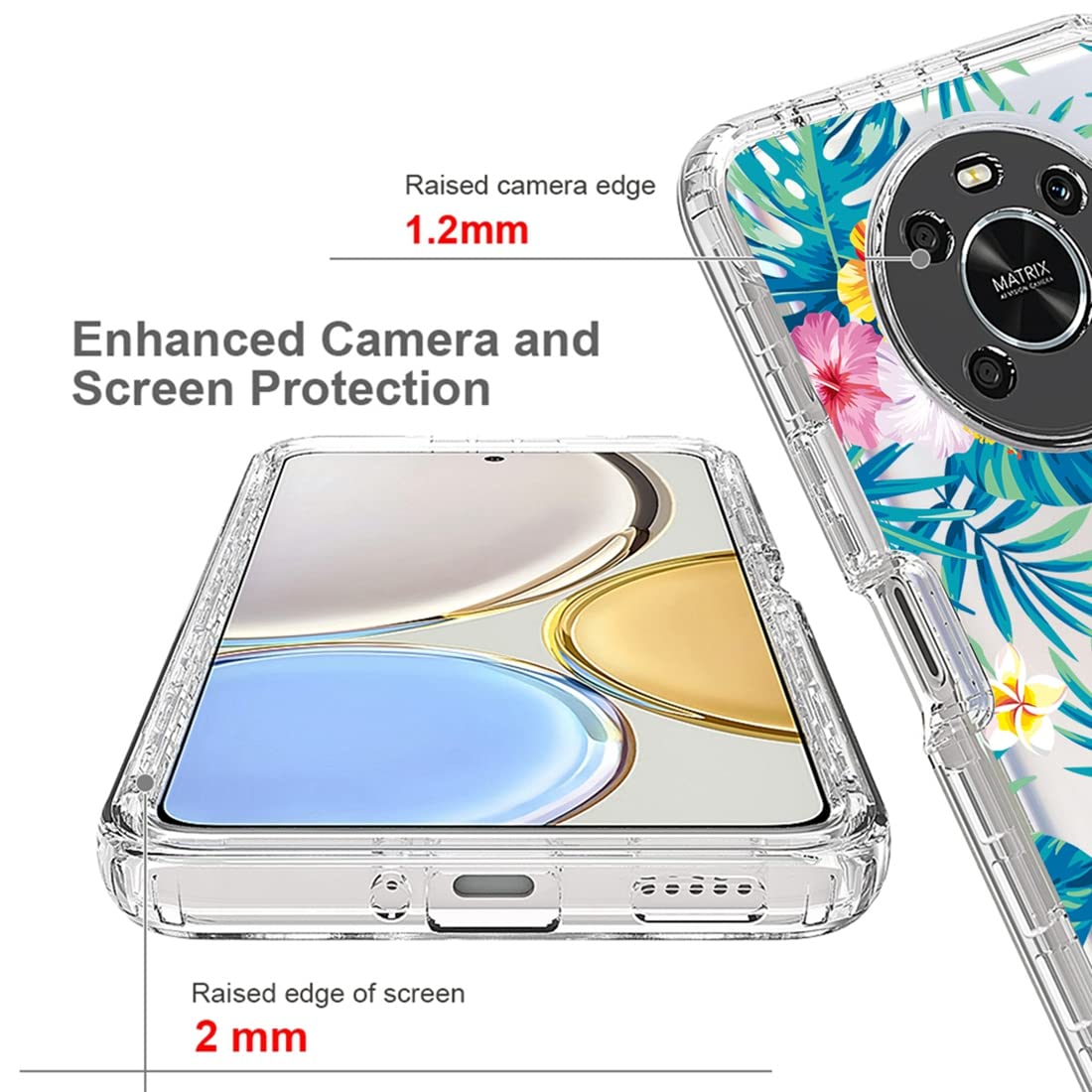 Jhxtech Custodia protettiva per Huawei Honor X9 (4G/5G)/Honor X30/Honor Magic4 Lite ANY-NX1 con pellicola protettiva in vetro temperato, motivo floreale trasparente