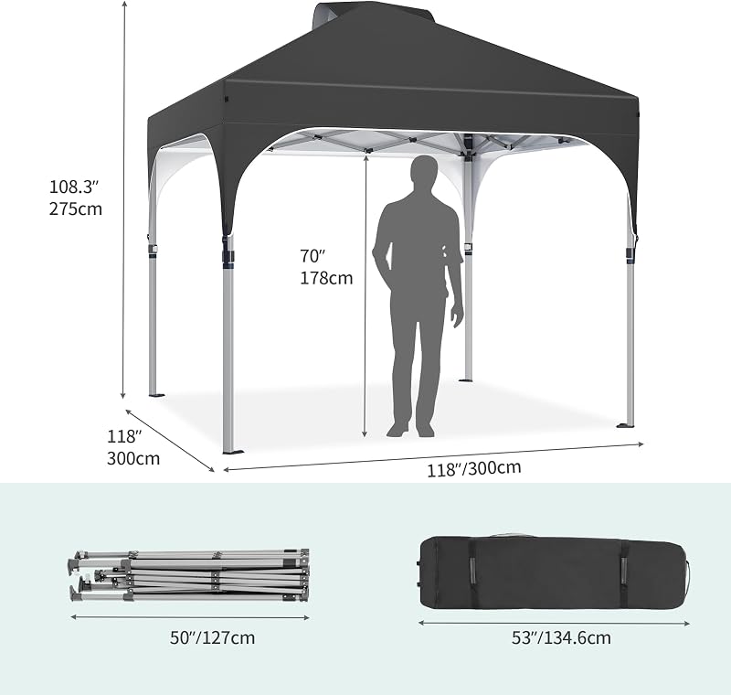 YITAHOME 3x3m Vízálló Összecsukható Kerti Pavilon - UV-Védelemmel, Állítható Magassággal, Fesztiválokra, Piacokra, Medencéhez - Fekete