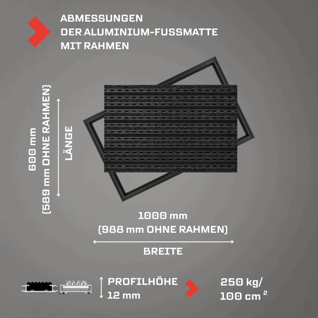 Alu-Fußmatte C12 Premium Black Gummi/Rips 100x60 cm, Schwarz