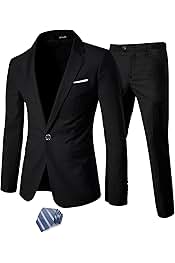 Men's 2 Piece Suit with Tie, One Button Slim Fit Solid Jacket and Pants Set, Suits for Men Prom Party Wedding & Business