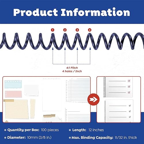 Miniatura 6 de TruBind Espinas de encuadernación, espirales, bobinas, 0.512in, capacidad de 105 hojas, 4 a 1 paso, azul marino, 100 por caja