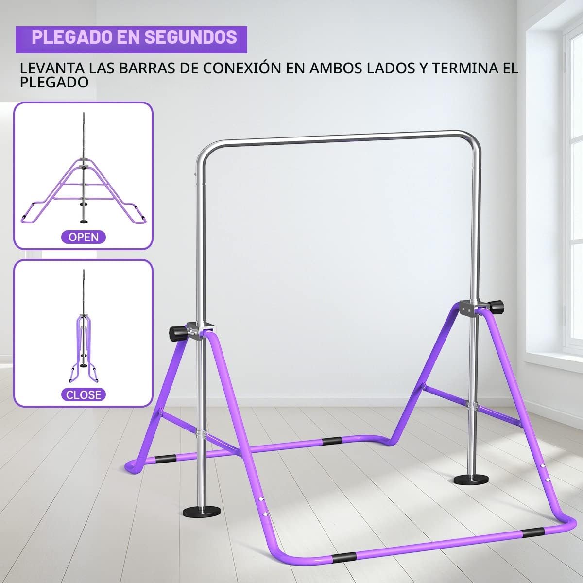 FBSPORT Barra de Gimnasia, Barra Horizontal Plegable, Equipo de Gimnasia para Entrenamiento en Casa, Barra de Entrenamiento de Gimnasia Expandible Junior con Altura Ajustable para Niñas