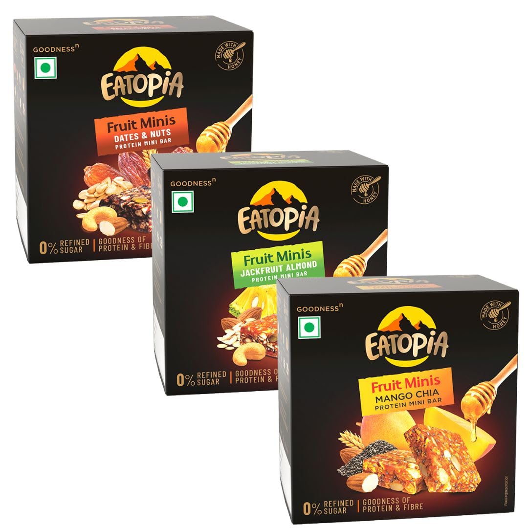 Eatopia Fruit Minis Energy Box | 100% Natural Energy Bar, No Preservatives | Healthy Breakfast Snack | 1 Mango Chia, 1 Jackfruit & 1 Dates | Pack of 3 (5 minis per box) | Oats,Honey,Nuts & Seeds | Dry Fruits Protein Bar (B0CLJH1FV4) Amazon Price History, Amazon Price Tracker