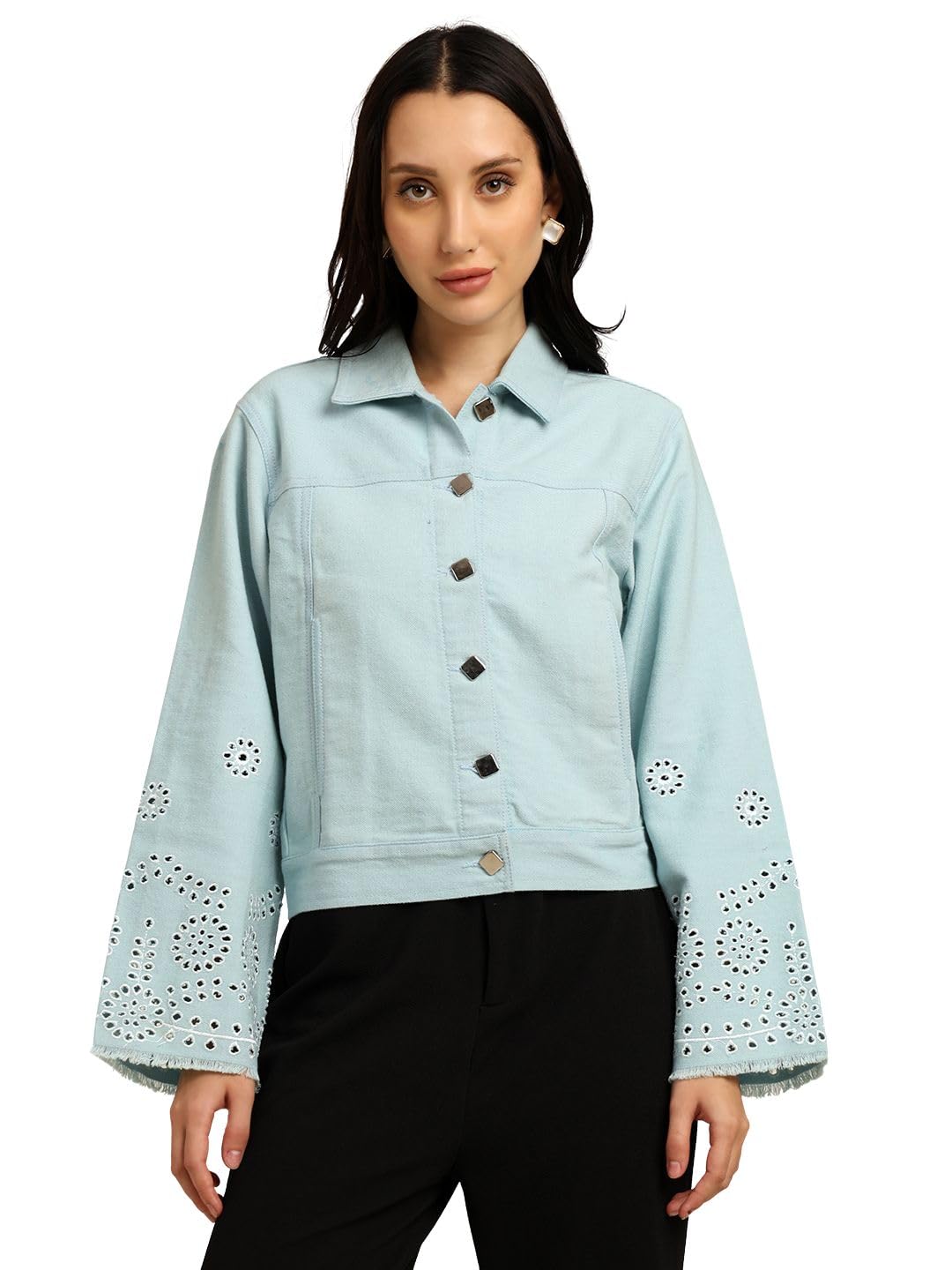 7ounce Women's 100% Cotton Twill Schiffli Embroidery Jacket - Full Sleeve with Side Pockets & Raw Edge Detail-picture-33