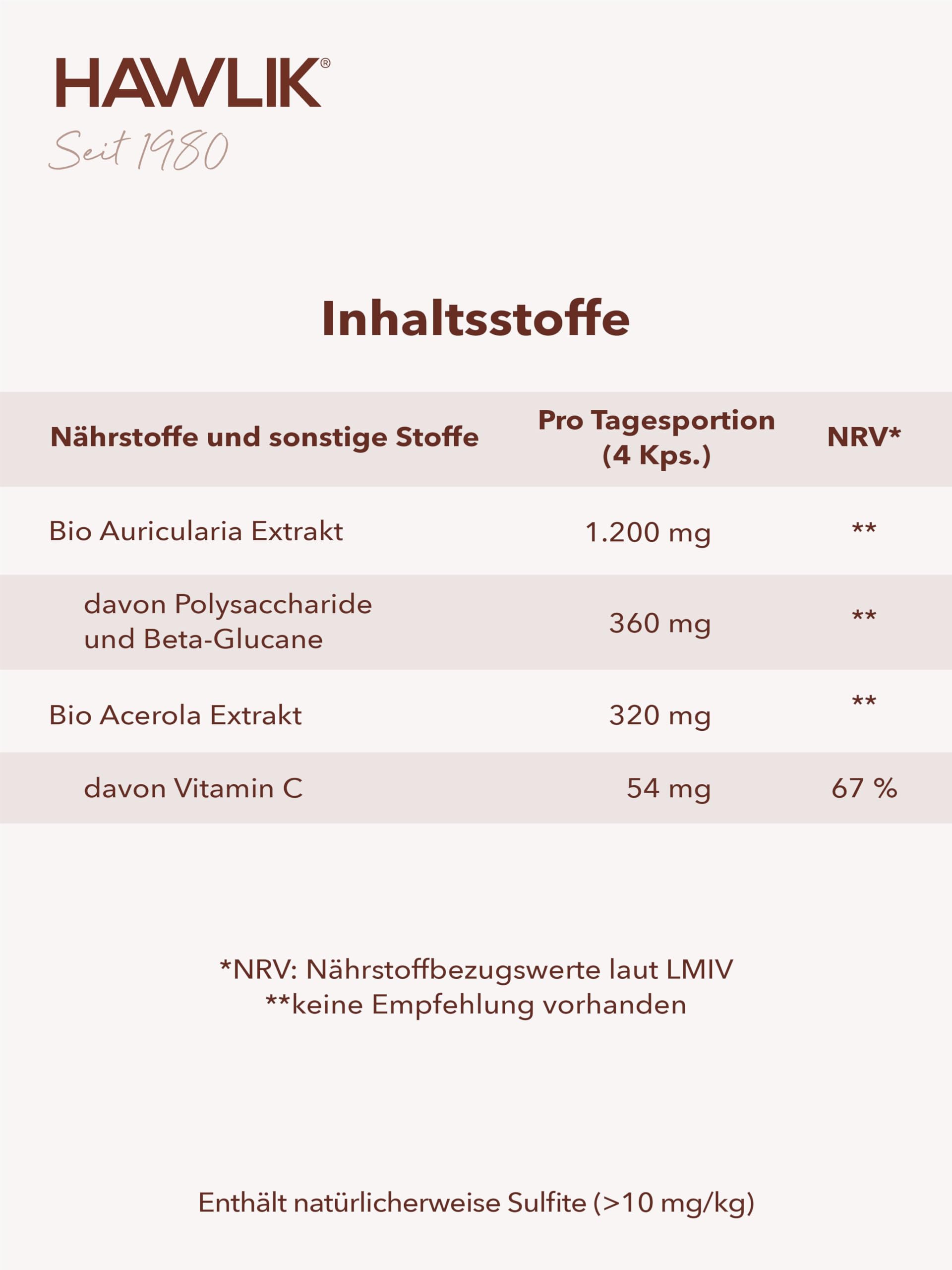 HAWLIK Vitalpilze Auricularia Extrakt Kapseln - 240 Kapseln - Mit Vitamin C - Natürlicher Anbau - Vegan - Zuckerrohr-Dose