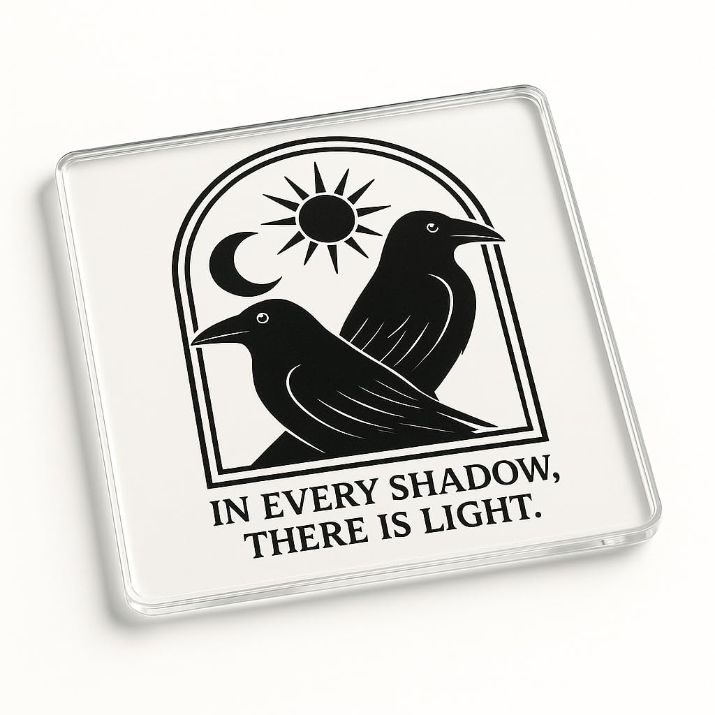 The Plum Penguin Mirror Crow Balance Acrylic Coaster Gift Featuring Design - Mystical Home Decor For Nature Lover's Peaceful Moments